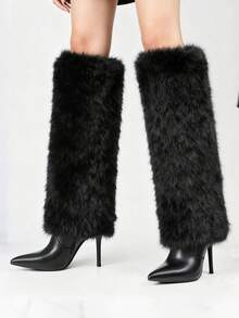 Women's Faux Fur Winter Fluffy Knee High Boots Warmers Sexy Soft Boot Cuffs Cover Pointed Toe High Heel Dressy Fold Over Tall Boots - 黑色 - 查看 8