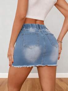 Women's Mid-Waist Solid Color Ripped Drawstring Denim Mini Skirt - Casual & Elegant Homewear - Medium Wash - View 3