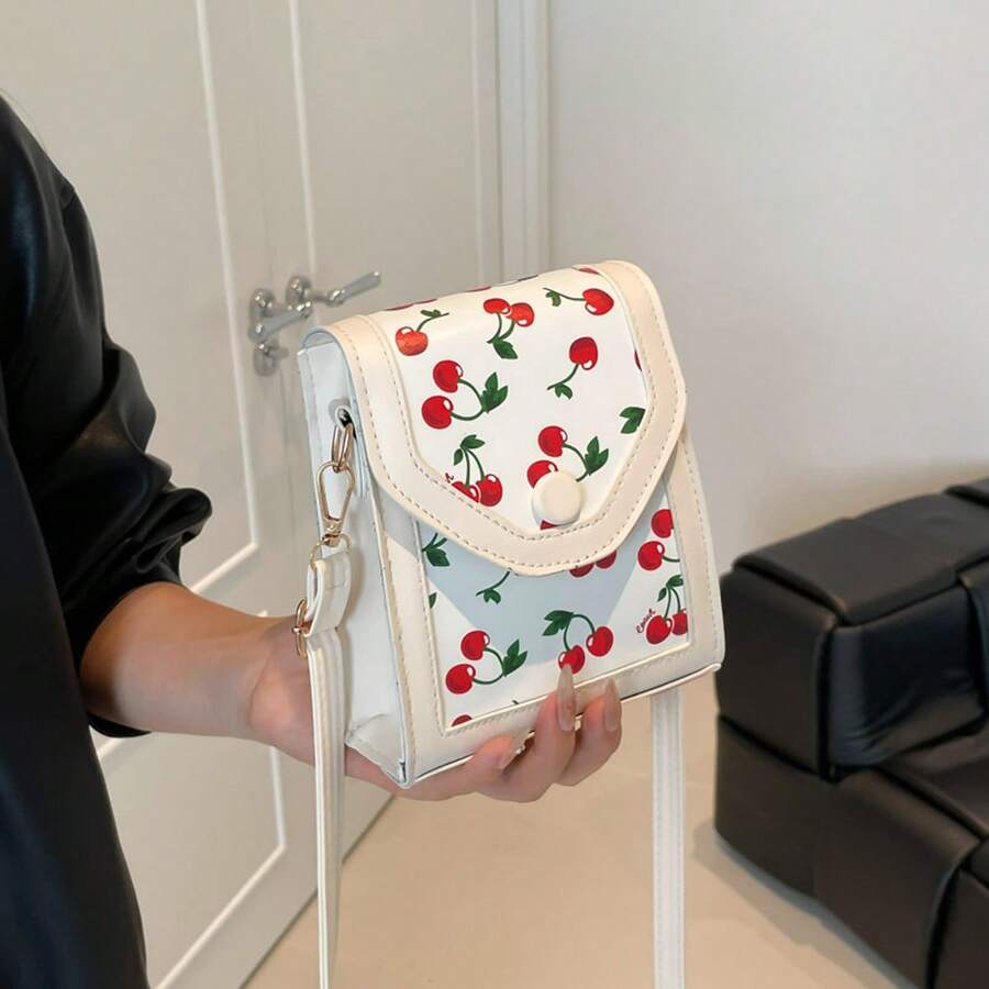 Bolso bandolera para teléfono con diseño de cereza para mujer, minibolso de hombro de moda para uso diario, trabajo y viajes. - Blanco - Ver 1