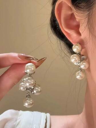 1 Pair Vintage French Style Long Faux Pearl Drop Earrings, Delicate & Chic Everyday Jewelry For Women