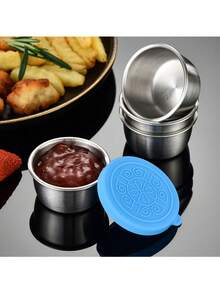 6pcs Salad Dressing Containers, Stainless Steel Mini Sauce Cups With Leak-Proof Silicone Lids, Stainless Steel Dipping Dishes With Leak-Proof Silicone Lids, Portable Sealed Bowls For Lunch Box, Picnic And Travel - Multicolor - View 5