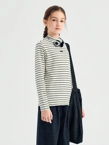 Balabala 少女长袖T恤，男女通用款，2025秋冬款，柔软百搭上衣 - 白灰色調 - 查看 2