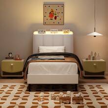 LED Bed Frame With Storage Headboard, Queen Bed Frame With Bookcase Headboard, PU Leather Upholstered Furniture, No Box Spring Needed, Easy Assembly, Christmas Gifts, Bedroom Deccor, Twin/ Full/ Queen, Black/ White (USB LED Strip) - 白色 - 查看 12