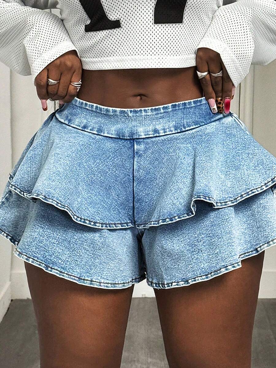 Happy Girl Casual Denim Shorts With Ruffle/Frill Hem, Fashionable Versatile Design For Spring/Summer, Suitable For Daily, Travel, Airport Wear - Blue - View 1