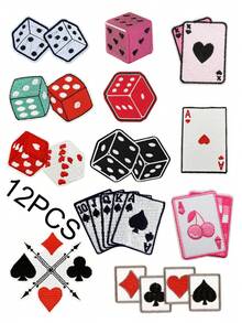 Bộ 3/6/12 miếng vá thêu hình quân bài và xúc xắc thời trang, huy hiệu hoạt hình dễ thương bằng polyester, miếng vá ủi tự làm cho quần áo, phụ kiện may vá, thích hợp cho ba lô, quần jean, áo khoác, áo phông, mũ, váy, v.v. - Nhiều màu - Xem 23