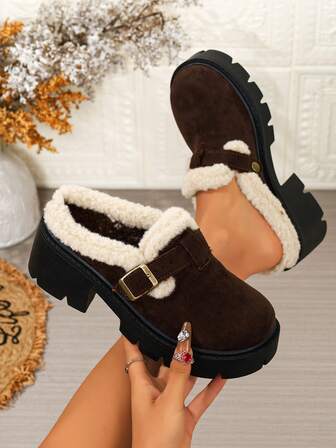 2025 Autumn/Winter New Plush Trim Thick Sole Loafers, Retro British Style Buckle Chunky Heel Warm Lined Slippers, Suitable For Indoor And Outdoor Wear