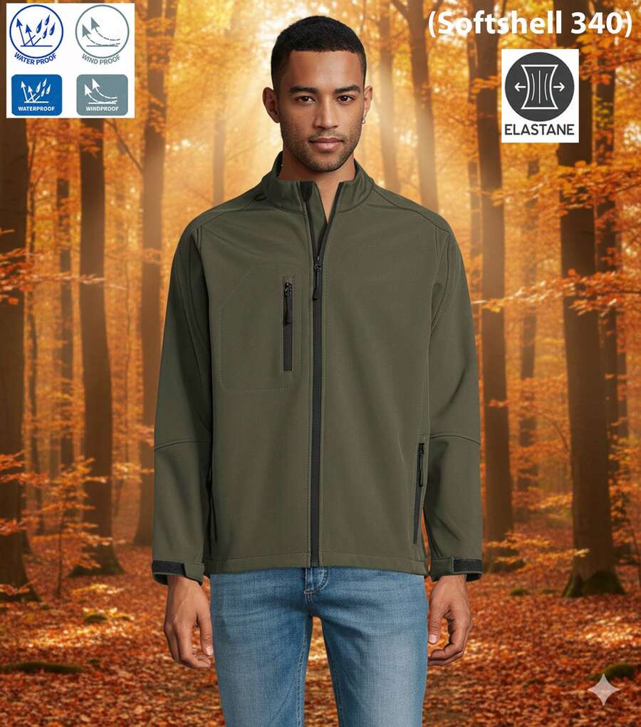 THEGEWA Men's 340gsm Softshell Thermal Jacket With Fleece Lining, Functional Design And Full Zip, 11 Colors Available, Perfect For Outdoor Use And Customization - Available S To 3XL - MARNAULA - 軍綠色 - 查看 1