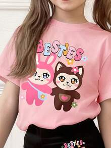 Conjunto de top de manga corta con estampado de dibujos animados y pantalones pitillo acampanados para niñas pequeñas - Rosa - Ver 3