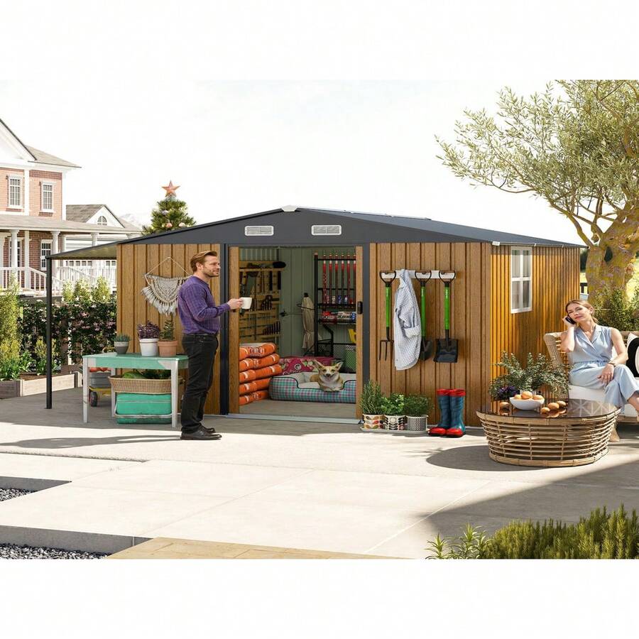 wavesloop 10x12 Ft Outdoor Storage Shed, Extra Large Metal Shed With Lockable Doors, Windows, Outside Steel Tiny House Ideal For Garden, Backyard, Patio Utility, Tool Storage, Chicken Coops,Waterproof,Dual-Zone Design For Maximum Storage,Smooth Sliding Doors & Ramp - 黃色 - 查看 1