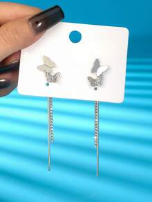 Nooxian 1 Pasang Anting Rumbai Kupu-kupu Fashion Wanita - Perak - View 3