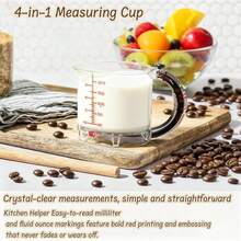 四合一可调节量杯 - 多功能上翻式量杯，带可调节底座和刮刀式密封底座，节省空间，易于清洁，适用于烹饪、烘焙和食材计量。