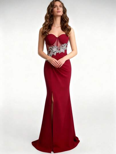 NIKBK Women's Tube Rhinestone And Sequin Birthday Party Sleeveless Sexy Club Going Out Dress High Slit Club Wear For Valentine's Day Date Night, Wedding, Formal Dinner