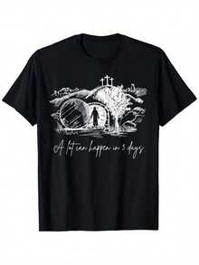 Mucho puede suceder en 3 días" Camiseta de algodón con temática cristiana - Negra de manga corta y cuello redondo, 100% tejido suave, diseño religioso impreso por transferencia de calor con cruces y silueta rezando, ajuste casual para hombres y mujeres, perfecta para Viernes Santo, Pascua, Acción de Gracias, regalos de Navidad, tallas S-XXXL - Negro - Ver 1