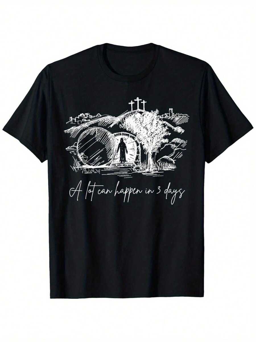 Mucho puede suceder en 3 días" Camiseta de algodón con temática cristiana - Negra de manga corta y cuello redondo, 100% tejido suave, diseño religioso impreso por transferencia de calor con cruces y silueta rezando, ajuste casual para hombres y mujeres, perfecta para Viernes Santo, Pascua, Acción de Gracias, regalos de Navidad, tallas S-XXXL - Negro - Ver 1