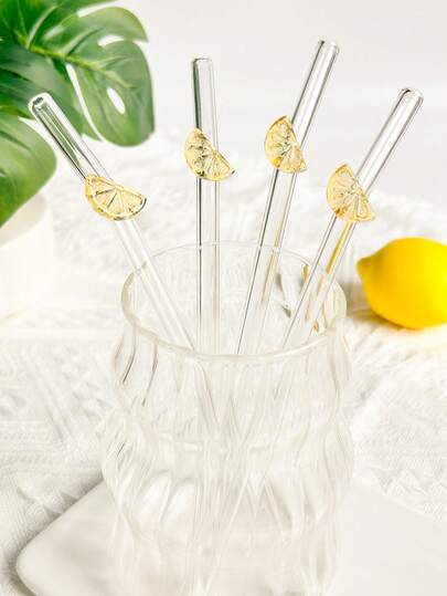 Juego de 1/2/4/5/8 piezas de pajitas de vidrio transparentes reutilizables, irrompibles y flexibles decoradas con rodajas de limón amarillo, adecuadas para accesorios de cocina, tazas, decoración de pajitas, bebidas frías, leche, té, café, batidos, hogar, restaurante, fiesta de cócteles, vuelta al cole, regalo para San Valentín/amigos/familia, suministros navideños, Año Nuevo