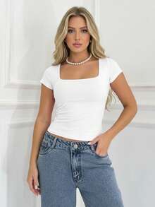 Set Of 3 Women's Baby Look Blouses With Square Neckline, Short Sleeves, Basic Shaping, Versatile, Casual Fashion, No Transparency, Fabric With Elastane, , Blogger Style, Affordable - BEIGE-ĐEN-TRẮNG - Xem 4