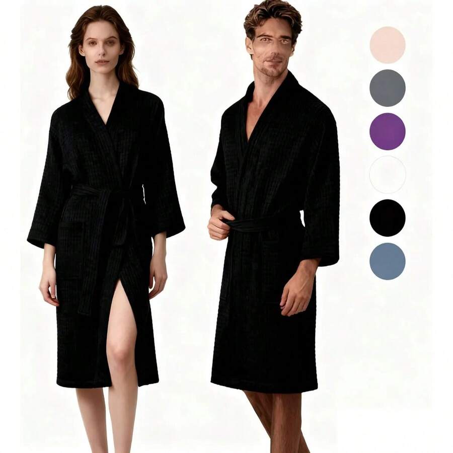 Bata waffle de algodón suave unisex para baño spa hogar hotel pijama ligera y absorbente - Negro - Ver 1