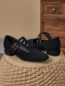 MonaNise 女式 3 厘米布面高跟时尚海军蓝金属酒红色玛丽珍低跟粗跟黑色平底鞋 - 黑色 - 查看 4