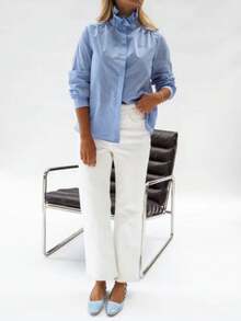 Women's Fashionable Striped Woven Shirt, Ruffle Collar, Long Sleeves, Button Front Regular Length Blouse Spring - Blue - View 7