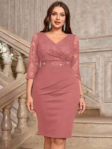 Plus Size V-Neck Contrast Color Floral Lace Sequin Waist Ruched Hem Elegant Cocktail Fitted Dress, Wedding Guest Dress, Suitable For Birthday, Graduation Ceremony - Dusty Pink - View 5