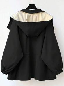 时尚女士梭织长袖外套，带领子、拉链和口袋，常规长度设计，秋冬黑色春季款 - 黑色 - 查看 4