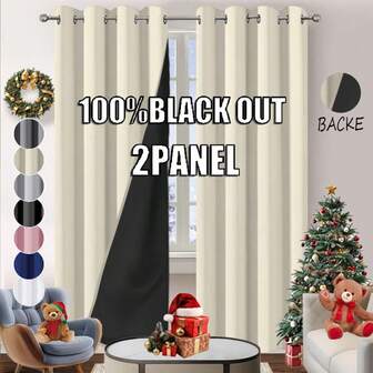 2pcs 100% Blackout Curtains, Turning Room Dark, Solid Beige Polyester Fabric With Lining, Lightweight, Top Grommet Hanging, Modern Minimalist Style, Suitable For Bedroom, Dining Room, Living Room, Kitchen, Balcony, Garden