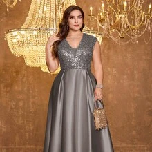 XUIBOL 亮片缎面拼接V领A字连衣裙，正式优雅大码女士晚礼服（重工装饰），适合舞会、婚礼宾客、毕业典礼、晚宴等场合。 - 深灰色 - 查看 8