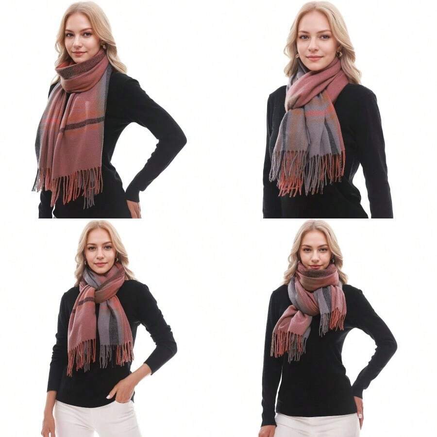 RUI VTRON Scarf For Women Plaid Scarves Winter Warm Oversized Pashmina Tartan Scarves - GrayRedPurple - View 1