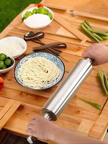 1pc Thick Stainless Steel Rolling Pin With Non-Slip Handle, Professional Dough Roller - Heavy Duty Durable Handmade Pasta Maker For Pizza, Cookies, Pastries, Italian Dishes | Easy To Clean, Rust-Proof | Baking Essential, Christmas/Halloween Gift - Multicolor - View 4