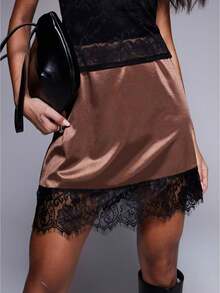 Women Satin Silk Skirt High Elastic Waist Lace Patchwork Stylish Summer Going Out Club Skirts Fashion Solid Color Versatile Style Y2k Mini Skirt Streetwear - 深棕色 - 查看 1