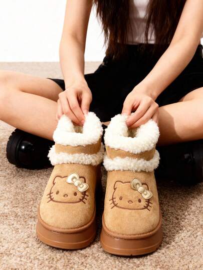 Sanrio Botas de invierno cálidas para jóvenes y niñas con Hello Kitty de Sanrio, con plantilla de EVA, lindos botines de plataforma con peluche para el invierno, ligeros y cómodos