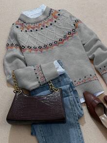 Women's Fall And Winter Casual Loose Retro Fair Isle Pattern Round Neck Long Sleeve Woolen Pullover - Grey - View 5