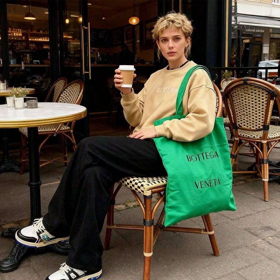 Bottega Veneta ​BV Parrot Green Large Canvas Shoulder Bag - Unisex Daily Use Compact Design​