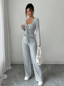 2pcs Autumn/Winter Casual New Gray Brushed Ribbed, Sweet Ruffle Trim Front Tie, Pleated Ruffle Hem Long Sleeve T-Shirt + Elastic Waist Wide Leg Pants Set, Comfortable Casual Outfit - Grey - View 4