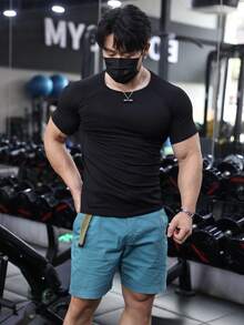 Men's High Elasticity Sports Muscle Fit Short Sleeve T-Shirt - Tight Compression Tee, Machine Washable, Solid Color For Gym & Casual, Suitable For All Seasons | Fashion Design | High Stretch Fabric