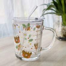 Cartoon Print Glass Cup With Straw, Lid & Spoon, Cute Milk Cup, Breakfast Cup, Gift - Multicolor - View 4