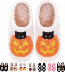 Cozy Plush Halloween Pumpkin Slippers, Non-Slip Fluffy Design - 粉紅色格子 - 查看 4
