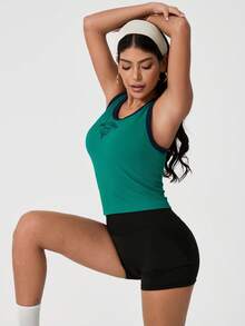 Leorrey One PC Women's Sweet Color Block Sleeveless Round Neck Ribbed Letter Print Running Fitness Exercise Sports Vest (For Running, Tennis, Badminton) - Green - View 5