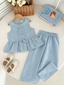 2pcs/Set Young Girl Casual Bow Ribbed Sleeveless Top And Pants Set, Summer