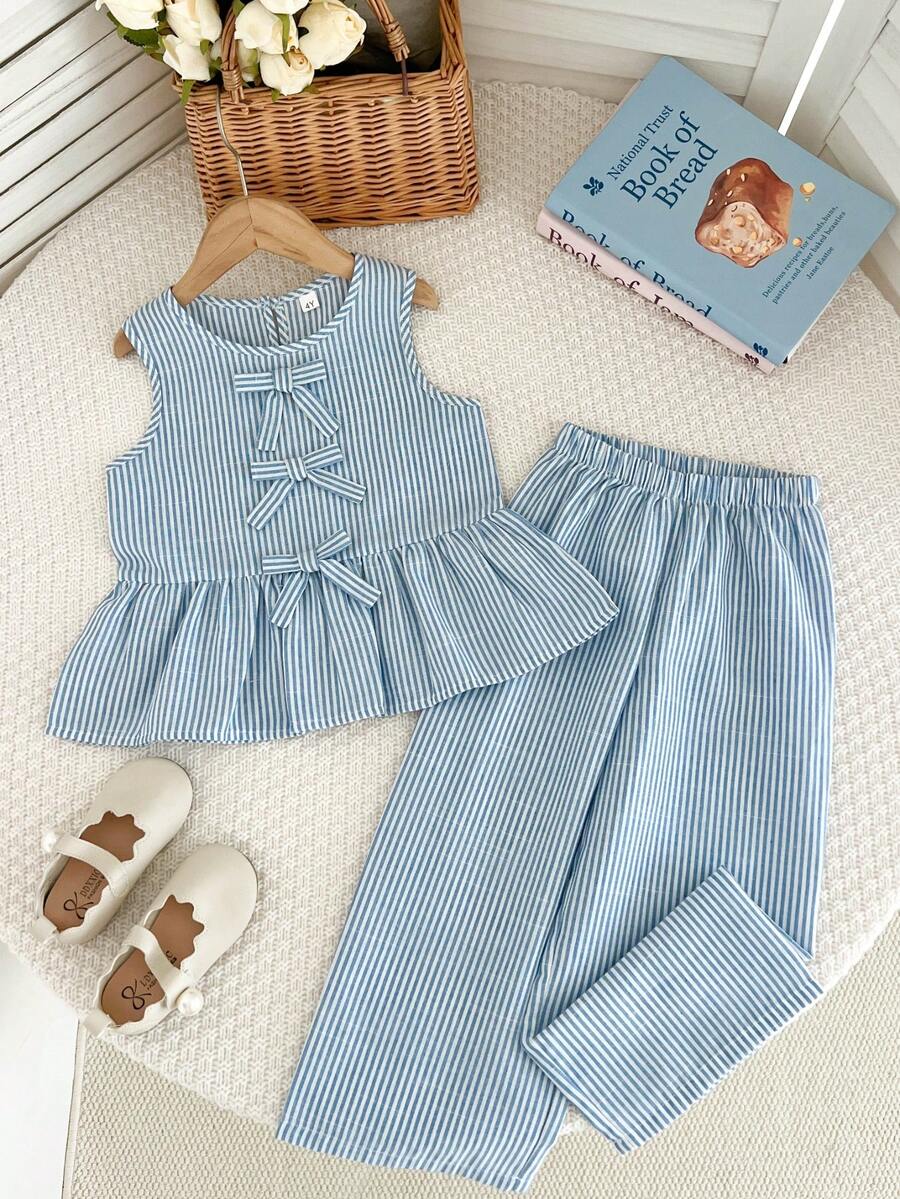 2pcs/Set Young Girl Casual Bow Ribbed Sleeveless Top And Pants Set, Summer