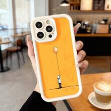 Cubierta de telefono con borde negro y parte trasera naranja con diseño de figura humana sosteniendo globo amarillo ideal para uso diario en cafeterias y espacios urbanos Aplicable a los teléfonos de la serie Apple y Galaxy - Café integral - Ver 4
