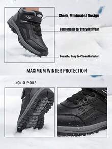 Men's Black Winter Snow Boots - Leather Ankle Boots With Thermal Lining, Rubber Sole, Hook And Loop Strap, Suitable For Cold Weather