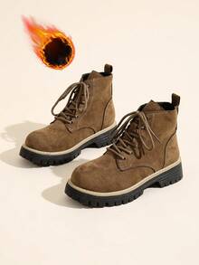 女士复古牛仔靴，厚底机车靴，秋冬百搭保暖厚底靴，休闲时尚保暖踝靴 - 棕色 - 查看 10