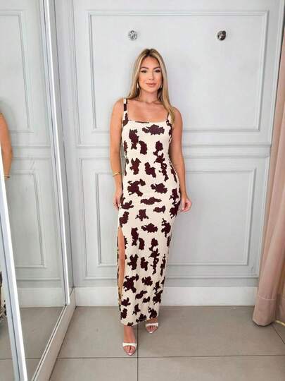 Vestido Midi Oncinha De Tule Com alça Fina Forrado Moda Lançamento Animal Print floral onça