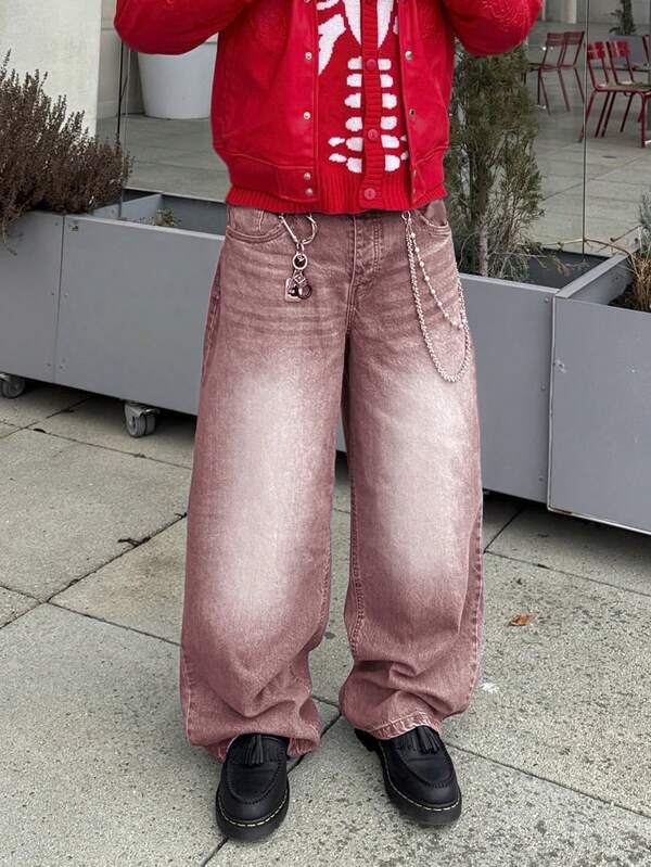 Calça Denim Casual Masculina Desfiada, Vintage, Vermelha, Perna Reta Solta, Perna Larga, Adequada como Presente para Marido ou Namorado