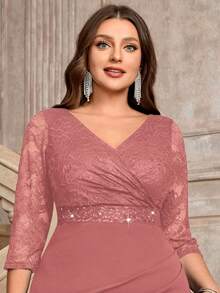 Plus Size V-Neck Contrast Color Floral Lace Sequin Waist Ruched Hem Elegant Cocktail Fitted Dress, Wedding Guest Dress, Suitable For Birthday, Graduation Ceremony - Dusty Pink - View 10