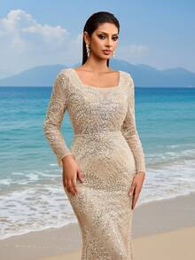 Đầm maxi đuôi cá sang trọng, cao cấp, đính sequin và ren, cổ vuông, hở lưng, dây buộc điều chỉnh được, thích hợp cho các bữa tối trang trọng, dạ hội, đám cưới, sự kiện thảm đỏ, tiệc Valentine mùa xuân. - Màu be - Xem 4