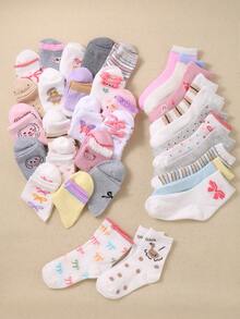 20双儿童条纹、波点、蝴蝶结、动物图案中筒袜。舒适、柔软、透气、百搭。适合日常穿着和上学穿着。女童运动袜。圣诞节袜子礼物。款式多样。 - 彩色 - 查看 3