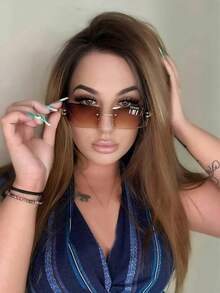 Gafas de sol rectangulares sin montura vintage para mujeres hombres lentes de sol retro - 03 Tiene - Ver 4