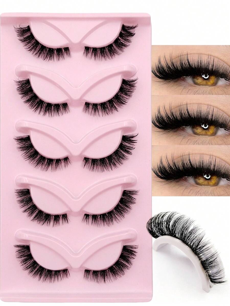 Rikuaild 5对猫眼假睫毛，蓬松柔软，透明带，自然纤长，带飞扬尾端，拉长眼型。